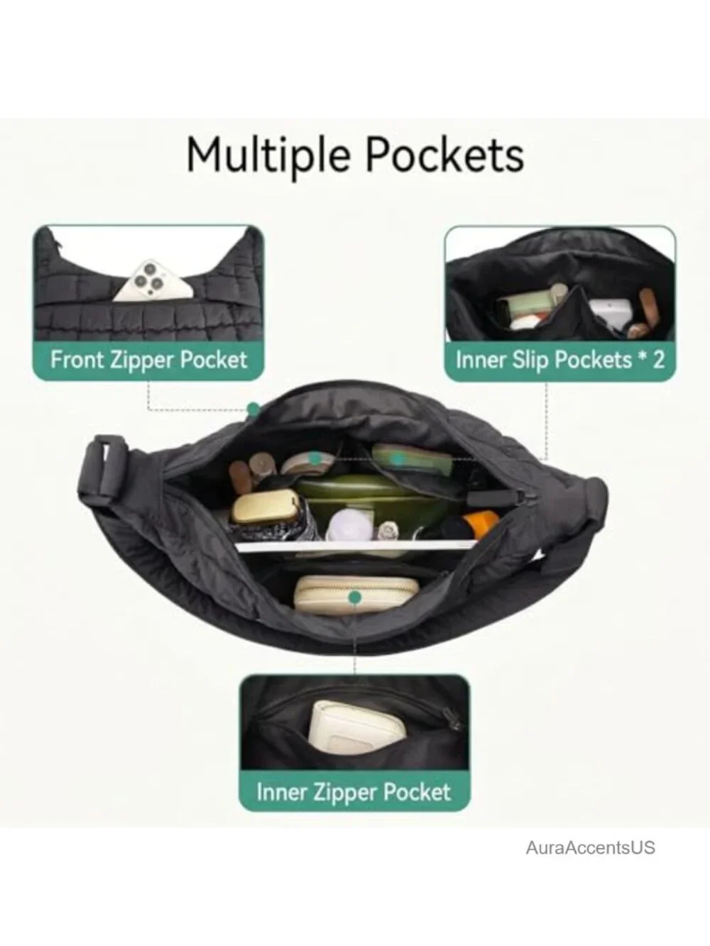 Nylon Quilted Puffer Hobo Crossbody Bag for Women - Adjustable Strap Shoulder